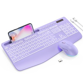 Wireless Keyboard and Mouse Combo with 7 Colored Backlits, Wrist Rest, Rechargeable Ergonomic Keyboard with Phone Holder, Silent Lighted Full Size Combo for Windows, Mac, PC, Laptop-Trueque (Purple)