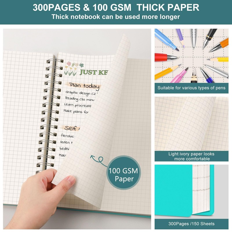 RETTACY Notepad A5 Squared Spiral Notebook 100gsm with 300 Pages/150