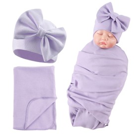 Bamery Newborn Baby Girl Hospital Hat Preemie Cotton Baby Beanie Winter Infant Hats Towel for 0-12 Months (0-6 Months, Light Purple+Wrap Towel)