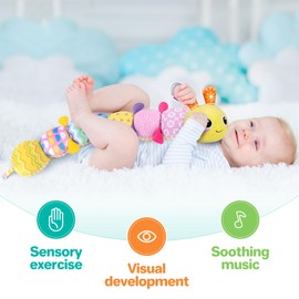 KMUYSL Baby Toys 0-12 Months, Musical Animal Stuffed Toy with Crinkle, Rattles & Lullaby, Plush Toy for Infant Newborn, Yellow Fabric Cotton