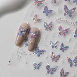 Dedyel Butterfly Nail Art Stickers 5D Embossed Aurora Butterfly Nail Stickers for Nail Art Pink Purple Shiny Butterfly Nail Sticker for Women Girls DIY Nail Decoration