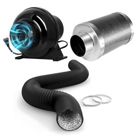 HealSmart 4 Inch 195 CFM Inline Duct Fan Vent Booster Blower, 4" Air Carbon Filter and 4 Inch 8FT PVC Ducting for Grow Tent, Greenhouse, Basement, Quiet