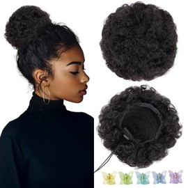 Elailite Natural Afro Puff Drawstring Ponytail Real Human Hair Messy Hair Bun HairPiece Extension Kinky Curly #1B Natural Black for Black Women Girls with Butterfly Hair Clips - Medium 6 Inch 40g