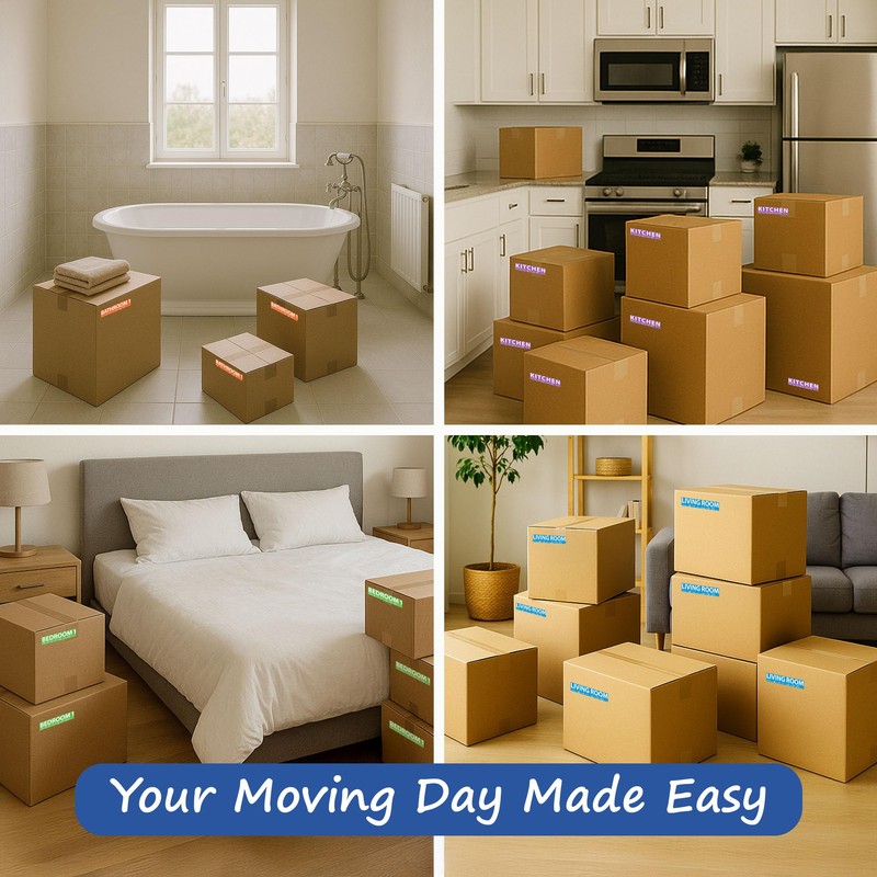 250 Home Moving Labels for 1 Bedroom — 5 Color-Coded