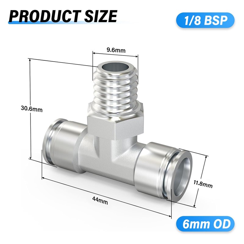 TAILONZ PNEUMATIC 304 Stainless Steel T-Piece 6 mm Pipe OD
