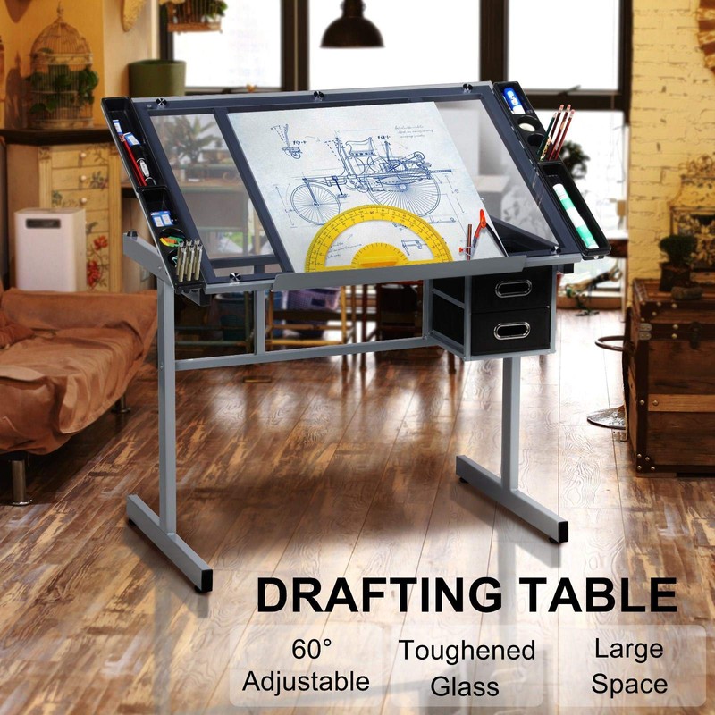Yaheetech Drawing Desk Adjustable Glass Drafting Study Table for Diamond/Versatile