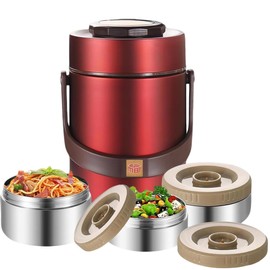 67oz Vacuum Insulated Lunch Food Container for Hot Food, 3 Tier Sealed Stackable Food Thermo, Adults Stainless Steel Wide Mouth Thermal Lunch Box, Leak-Proof Thermo Food Jar for Office & Outdoor(Red)