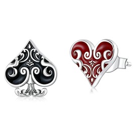 MUNDELL 925 Sterling Silver Asymmetrical Poker Spade and Heart Stud Earrings Club and Diamond Earrings for Women Cat Paw Earrings Spider Hypoallergenic Stud Earrings, Sterling Silver, No Gemstone
