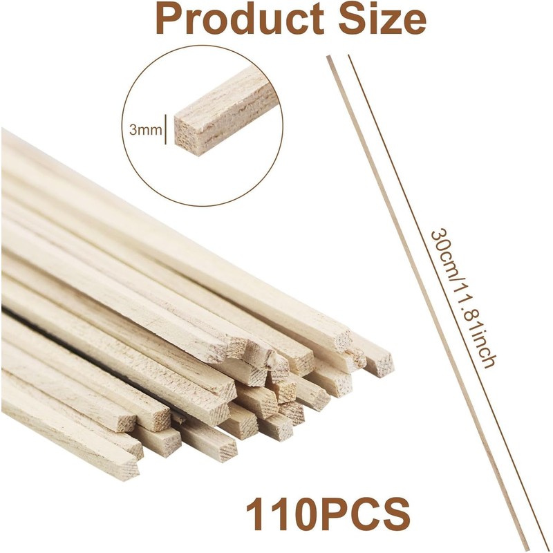 110 Pieces Square Wooden Sticks, Hardwood Sticks, Square Wooden Sticks