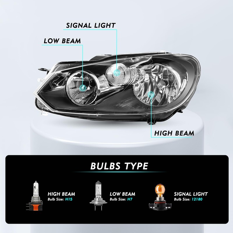TUSDAR Fits for 2010-2014 Volkswagen Golf/Jetta Sportwagen/GTI MK6 Headlight Assembly