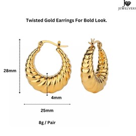 JEWELVERS 18k Gold Plated Thick Hollow Hoop Earrings | French Hoop Lighweight Gold Earring For Dailywear | Chunky Croissant Hoops | Earrings For Women