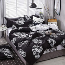 Michorinee Bed Linen 140 x 200 cm Black White Palm Trees Leaves Pattern Duvet Cover 2-Piece Cuddly Microfibre Reversible Bedding Set with Zip - 140 x 200 cm + 70 x 90 cm