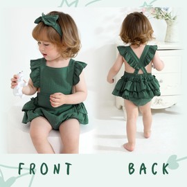 Happy Town Baby Girl Clothes Toddler Summer Linen Romper Sleeveless Ruffle Outfits Infant Girls Jumpsuit Bodysuit with Headband（Dark Green,0-3 Months）