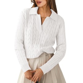 ANRABESS Womens Cable Knit Sweaters Long Sleeve V Neck Sweater Tops Casual Pullover Polo Shirts 2025 Fall Fashion Outfits White M