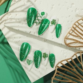 St. Patrick's Day Press on Nails Medium Length Green Shamrock Rhinestones Design Coffin False Nails Green Glitter Powder Fake Nails Full Cover Reusable Artificial Acrylic Nails Glue on Nails for Women