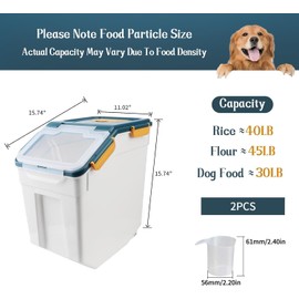 Flour Container Set of 2, 50 lbs Large Rice Storage Container with Measuring Cup & Scoop, BPA Free Rice Dispenser, Cereal & Dry Food Bin, Kitchen Organizer for Beans, Oatmeal and Grains - Dark Blue