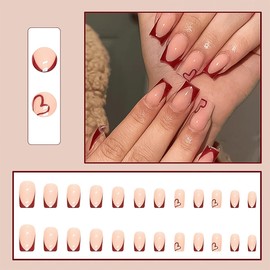 Valentine Press on Nails Medium Square Red Heart Fake Nails, French Tip Press on Nails Gel Acrylic Nails Glue Stick on Nail Reusable Natural Fit Winter Holiday False Nails Kit 12Sizes 24PCS
