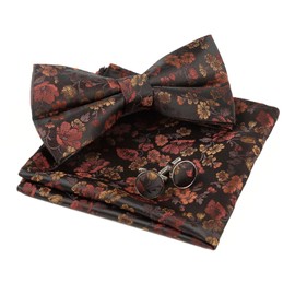 Alizeal Mens Floral Pattern Pre-tied Bow Tie, Pocket Square and Cufflinks Set, Black+Burgundy+Orange
