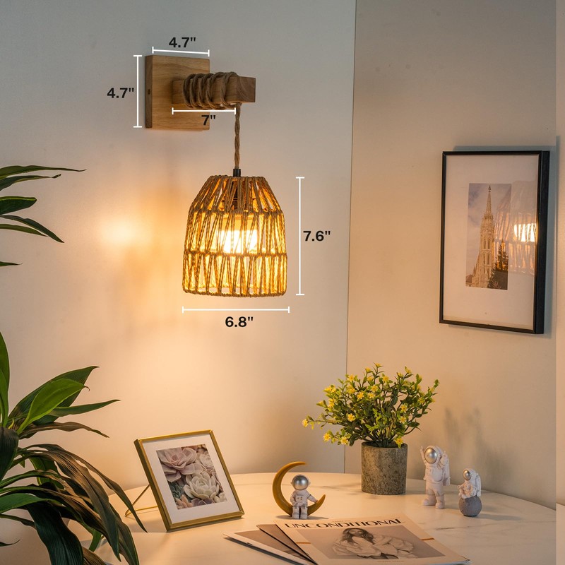 Glitnous Rattan Wall Sconces Battery Operated, Boho Wall Sconce, Battery