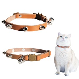 Spiked Cat Collar with Bells, Breakaway Genuine Leather Protective Collar for Kitty, Studs Spikes Punk Style Adjustable for Girl Boy Kittens Small Bunny Rabbit, 10"-12" Brown