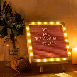 Pink Felt Letter Board Sign with LED Lights- 10in × 10in Changeable Message Board with Wood Frame 500 Pre-Cut Letters Tripod Stand Wall Mount Hanger for Christmas Gifts Party Home Decor Housewarming