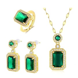 ALANETA 18K Gold Plated 304L Stainless Steel Cubic Zirconia Emerald, Sapphire or Ruby Jewellery Set for Women - Necklace, Earrings and Adjustable Ring, Stainless Steel, Created Zircon