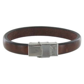 LES POULETTES BIJOUX - Child Bracelet Leather Dark Brown Wide Steel Clasp, Stainless steel, sterling silver, leather