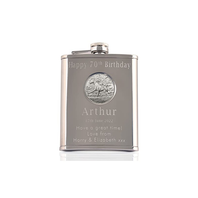 Mens 70th Birthday, Stainless Steel Engraved Hip Flask with Solid