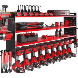 KAFAHOM Power Tool Organizer with Charging Station,9 Drill Holder Wall Mount,4 Layer Heavy Duty Metal Cordless Drill Storage for Garage Organization,Battery Tool Rack Built in 7 Outlet Power Strip Red