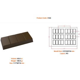 Implast Clear Polycarbonate Chocolate Mold ("Dubai" Mold) with 6 Rectangular Thick-Divided-Bar Cavities 50mm x 117mm x 16mm High