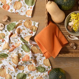 MARTHA STWEART Autumn Harvest Pumpkins Kitchen Towel 3-Pack Set, 100% Cotton with Absorbent Terrycloth, Decorative Kitchen Towels, Orange/Green/Ivory, 16"x28"