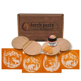Torch Paste Woodland Adventure Coaster Kit | The Original Wood Burning Paste | 4 Reusable Stencils | Bear, Moose, Deer, Eagle | 2 Squeegees | 4 Wood Rounds