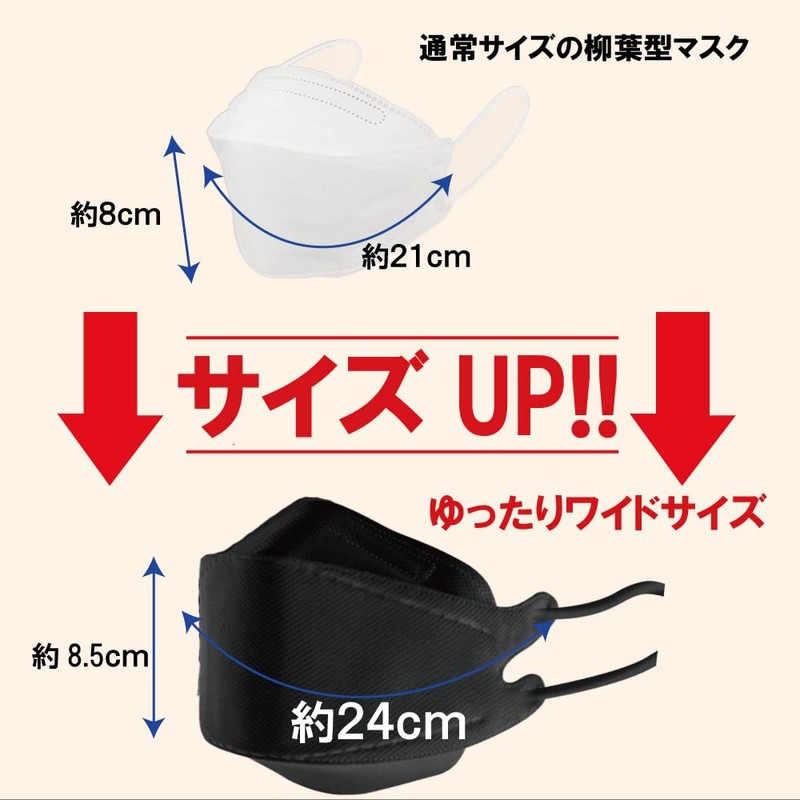 【フェザーストアブランド】冷感大きいサイズの柳葉型マスク 接触冷感 ワイドサイズの柳葉型マスク ひんやり涼しい 立体マスク 3段構造 ダイヤモンド形状 韓国マスク型 4ｍｍソフト丸紐 大きめ