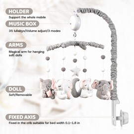Baby Crib Mobile - Elephant Crib Mobile for Girls with 25 Inches Mobile Arm and 35 Lullabies Musical Box, 3 Modes Digital, Volume Control, Essential Gift for Infant Bedroom Hanging Decor