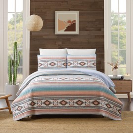 MODERN HEIRLOOM Sunset Canyon 3-Piece Southwestern Stripe Rustic Quilt Set, 100% Cotton Lightweight All Seasons Quilted Coverlet and Sham - King Size