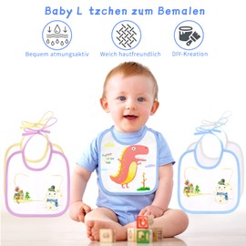 Faburo Pack of 12 Baby Bibs for Painting, 18 x 18 cm Cotton Baby Bibs Double-Sided with 14 Coloured Textile Pens, 5 Pieces Painting Stencils for Baby Shower Party