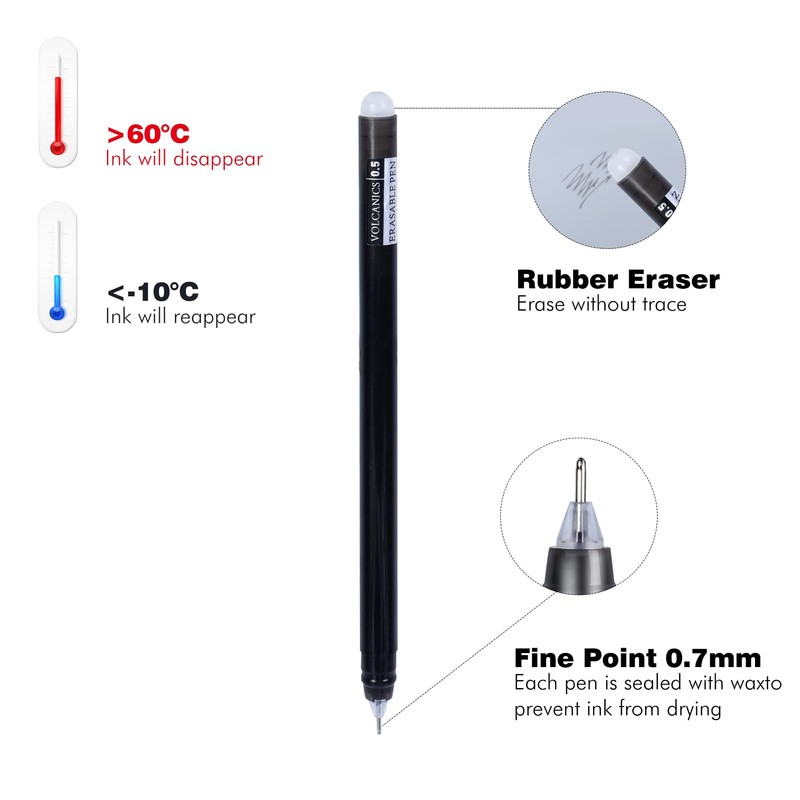 Volcanics Erasable-Gel-Pens Black, 30PCS Fine Point 0.7 mm, Mistakes Dispear