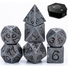 World of Dice Metal Dice Stone Look Pen and Paper Dice Set, 7 Pieces, Ideal for Dungeons and Dragons (DND), Black Eye (DSA), Shadowrun, Cthulhu and Other RPG