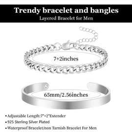 COYUN 2 Pieces Silver Bracelets for Men Stainless Steel Bracelets Men's Cuban Link Rope Figaro Chain Bracelet Set for Men Women Jewellery Gift for Men Him Father Boyfriend Husband