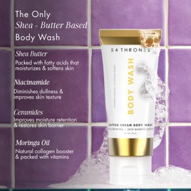 54 Thrones Mini Non-Stripping Butter Cream Body Wash, Shea Butter Body Wash, Exfoliating & Moisturizing Liquid Soap, Ugandan Vanilla + Ethiopian Honey