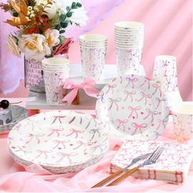 Zhehao 120 Pcs Iridescent Bow Plates and Napkins Bride to Be Party Decorations Bridal Shower Dinnerware Coquette Party Supplies Serve 24 Guest Disposable Tableware Set for Wedding(Pink Bow)
