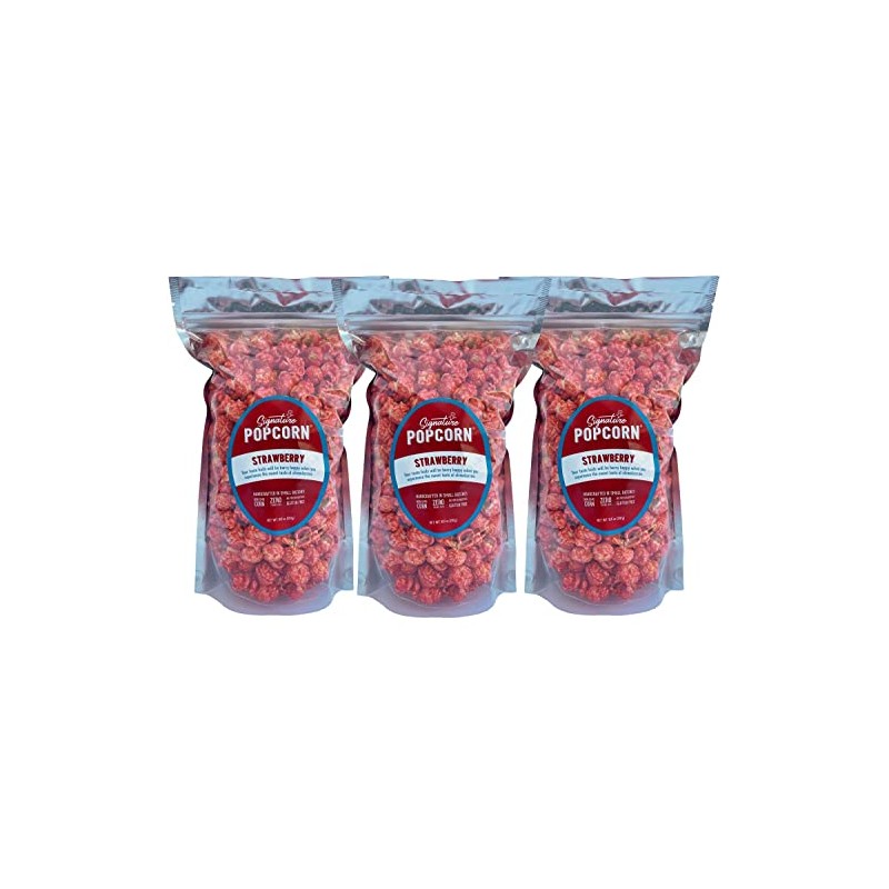 Signature Popcorn, 3-Pack Large Resealable Bags, Strawberry, Gourmet Popcorn Snack,