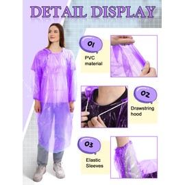 40 Pack Disposable Rain Ponchos for Adults Disposable Ponchos Pack with Drawstring Hood Elastic Sleeves Raincoat for Camping (Purple)