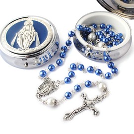 HanlinCC 6mm Glass Pearl Beads with 8mm Our Father Beads with Caps Rosary Necklace Pack in Miraculous Metal Gift Box (Blue Rosary with Miraculous Gift Box)