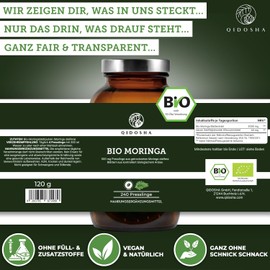 QIDOSHA® Bio Moringa oleifera Presslinge hochdosiert, 240 Stk im Apothekerglas, 2000mg je Tagesportion, 100% naturrein und schonend verarbeitet