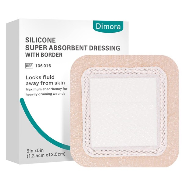 Dimora Silicone Super Absorbent Wound Dressings, 5"X5" Self-Adhesive Bandages with Ultrasorb Polymer, 10 Packs