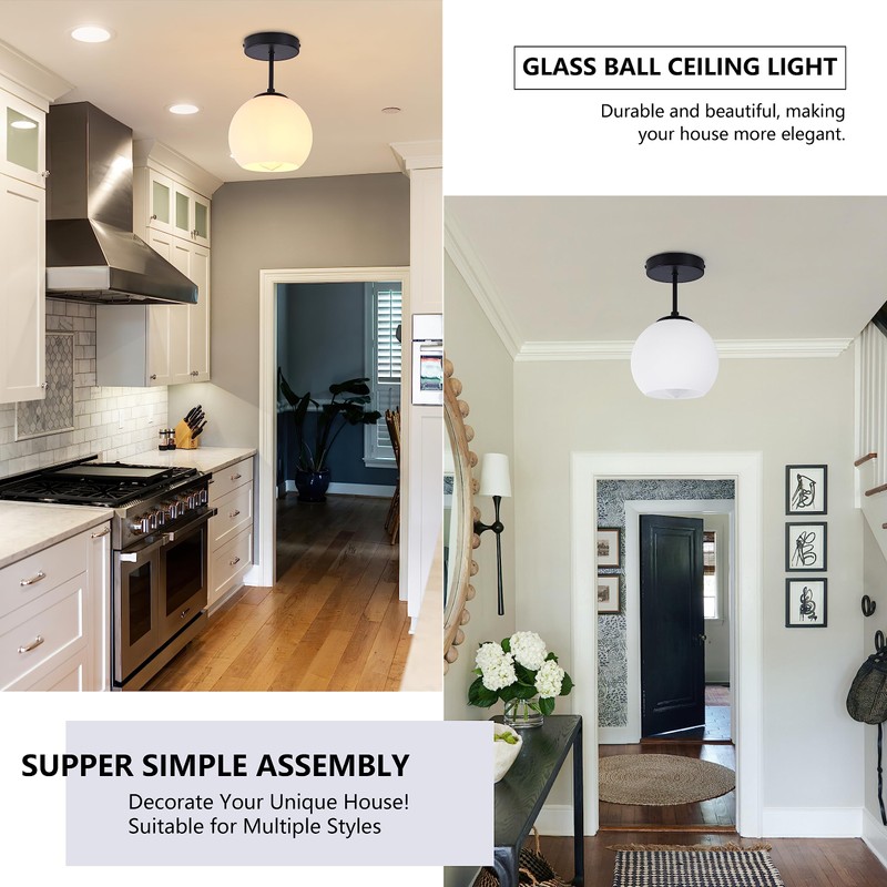 Bagood Black Semi Flush Mount Ceiling Light Fixture Milk Glass