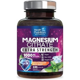 Health Nutrition Naturals Cápsulas de citrato de magnesio de 1000 mg: polvo de magnesio de máxima absorción para fortalecer músculos, nervios, huesos y corazón. Complejo de citrato de alta absorción