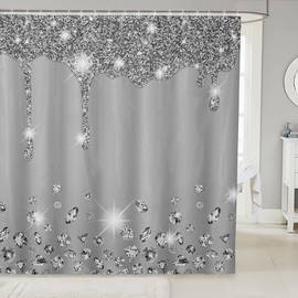 Loussiesd Silver Glitter Shower Curtain (No Glitter) Bling Partyations Grey Bathroom Fabric Shower Curtain Set for Diamond and Jewelry Bath Curtain Waterproof Curtains Stalls Bathtubs 59x71 Inch