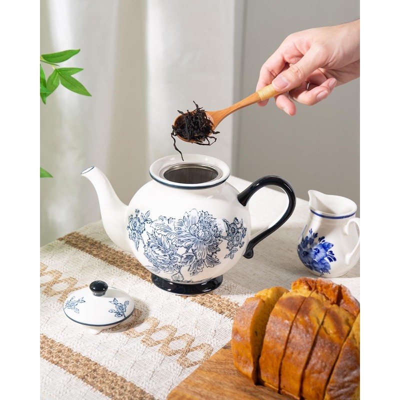 Magclay 45 Ounce Tea Pot with Infuser, Ceramic Blue and